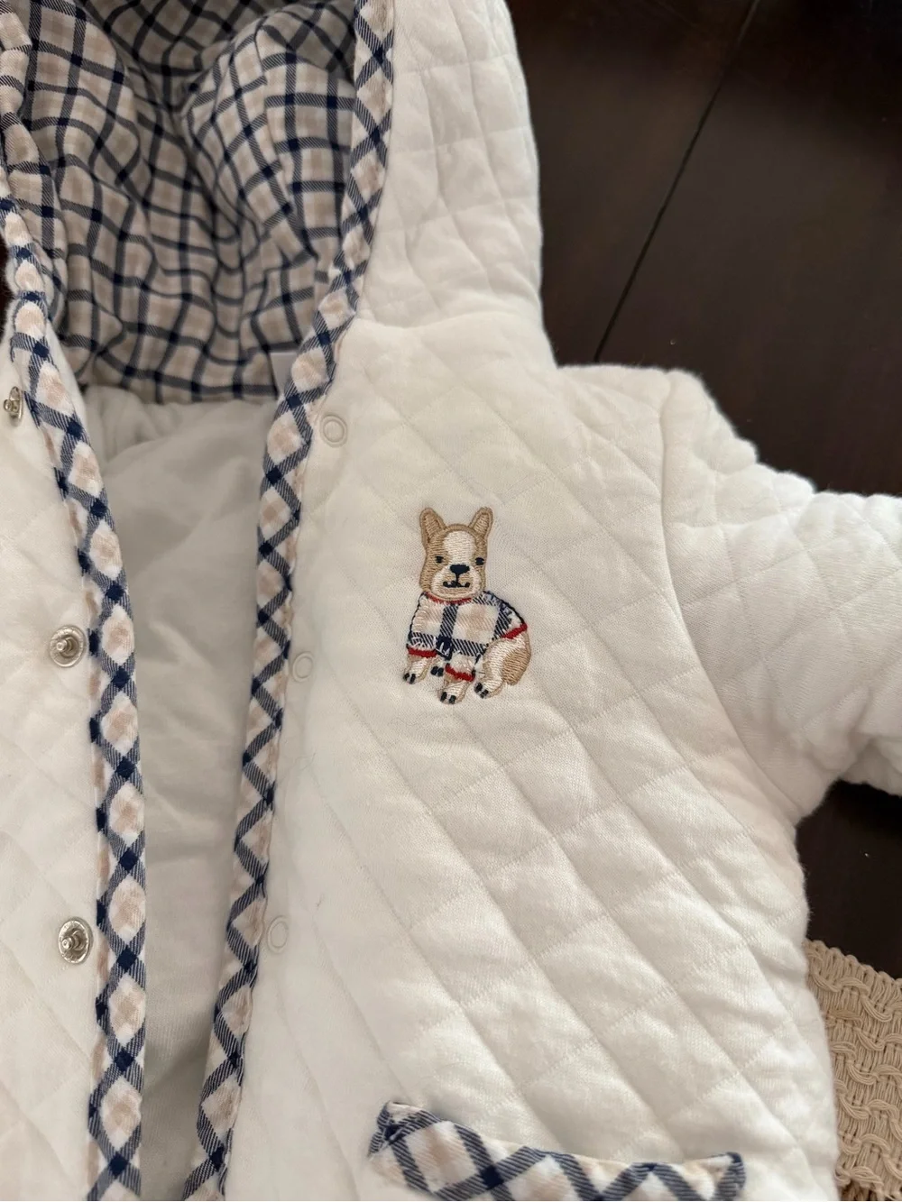 Little Me Cream and Navy Plaid Quilted Baby Footed pram